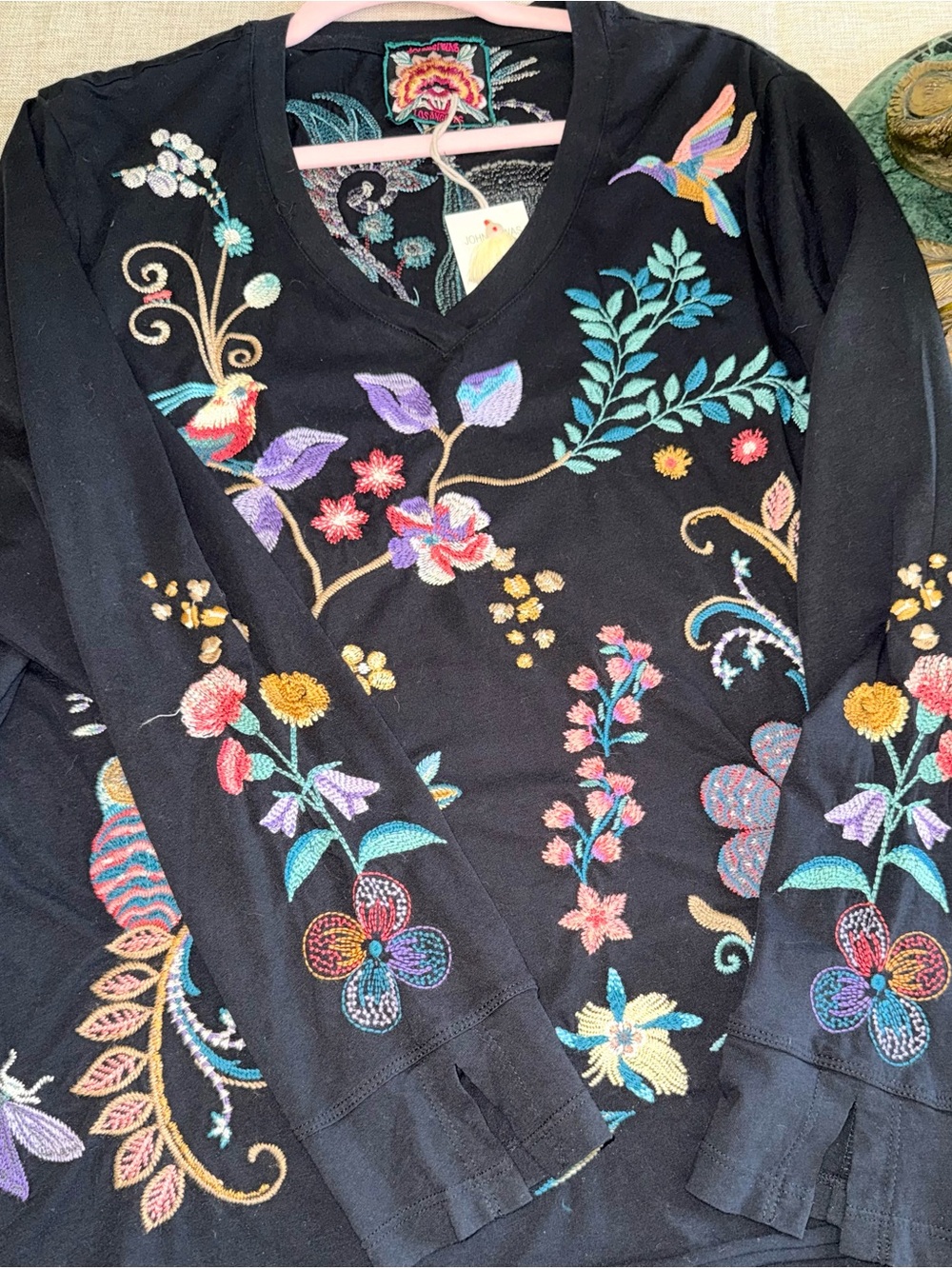 Johnny Was Heavily Embroidered V-Neck Long-Sleeve Top with Multicolor Designs - Picture 8 of 12